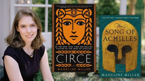 picture of author madeline miller next to the cover of her book Circe, depicting a roman helmet