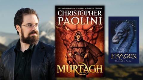 author christopher paolini next to his new book, Murtagh 