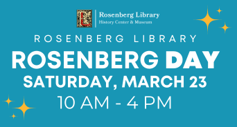 White text on blue background stating Rosenberg Day, Sunday March 23rd from 10am to 4pm